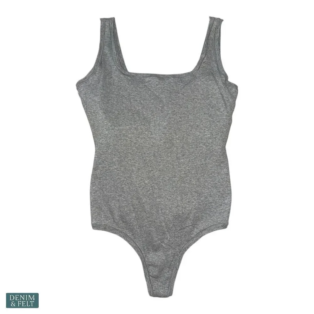 GapBody Gray Ribbed Cotton Thong Bodysuit‎ Scoop Neck Stretch Loungewear~NEW!